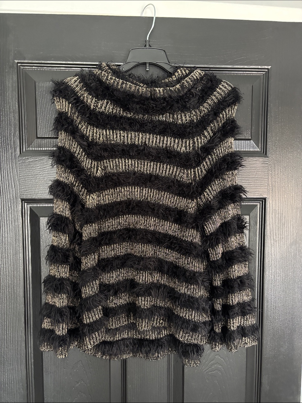 Alice + Olivia Black and Cream Striped Fuzzy Turtleneck Sweater